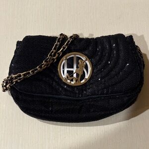 Henri Bendel Clutch Black Sequin with Gold Chain